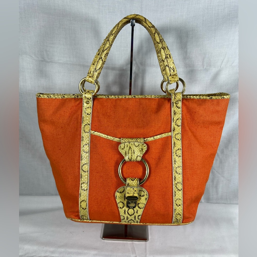 3145: Dolce & Gabbana Python Snakeskin Trim Canvas Tote Bag Orange